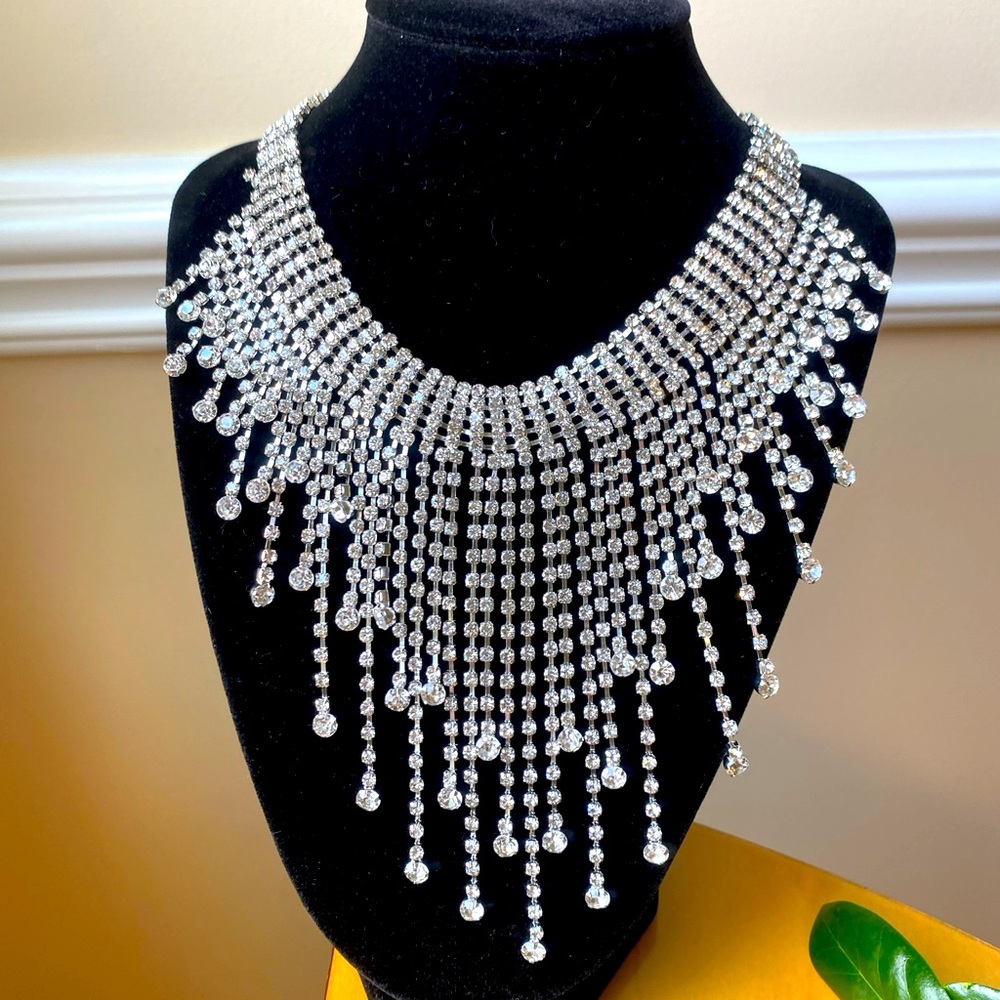 Kenneth Jay Lane Crystal Fringe Choker Necklace Designer Signed Jewellery HUGE